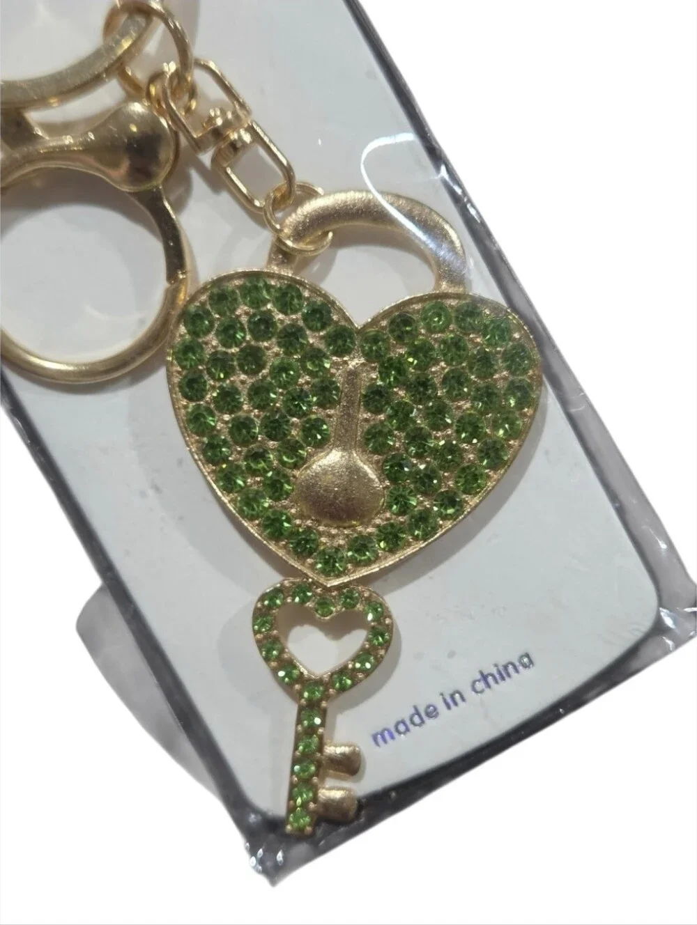 Mint Gold Heart & Key Glitter Keychain - Green
